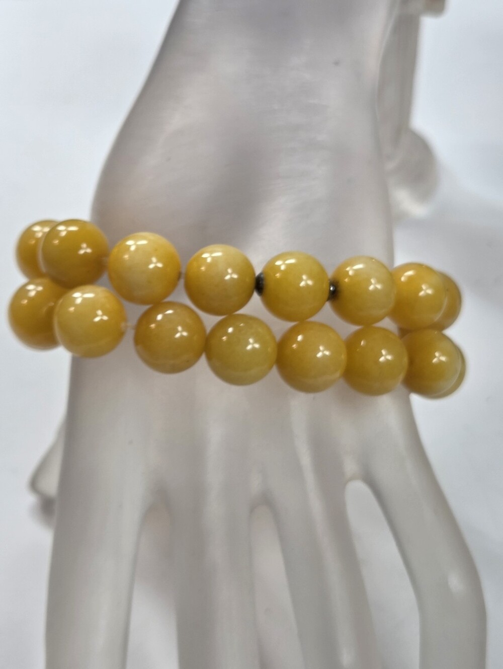 yellow jade nephrite big bold 2 strand beaded stretch bracelet 925 spacer 12mm
